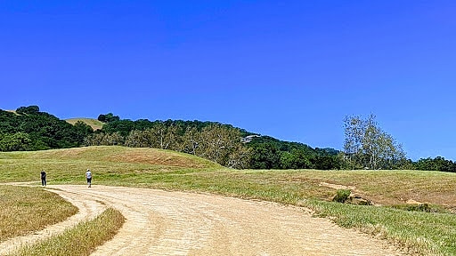 Two people walking on a dirt path.