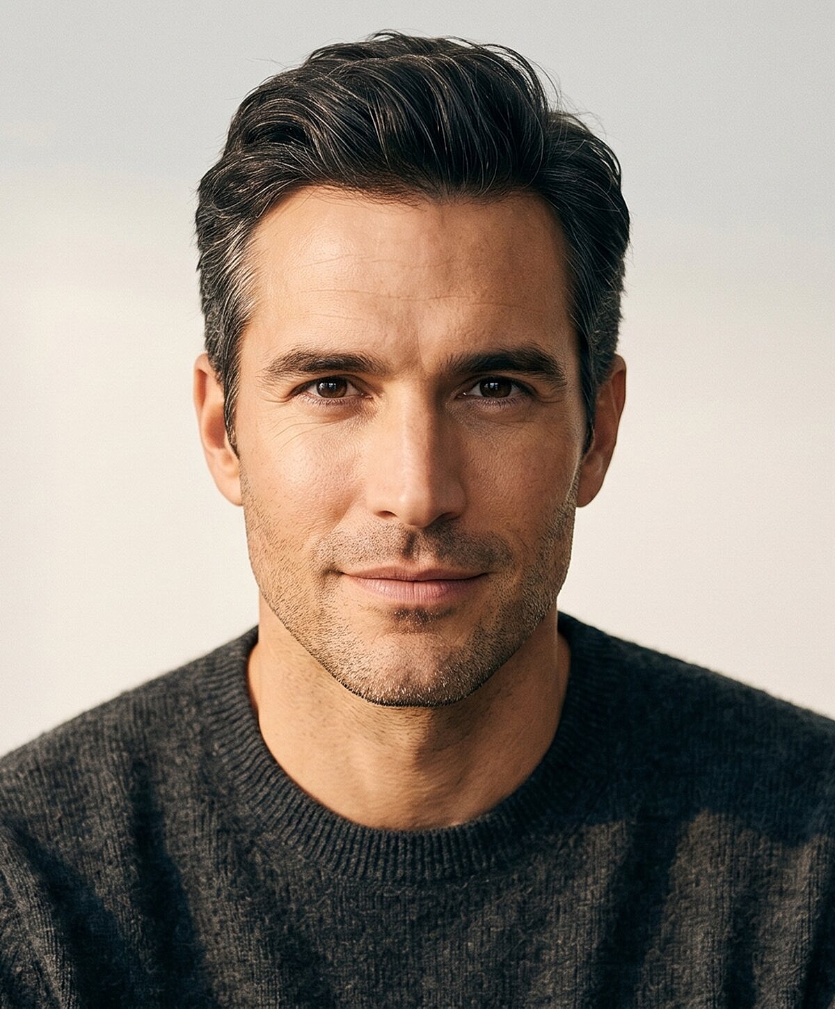 Man with short hair and gray sweater.